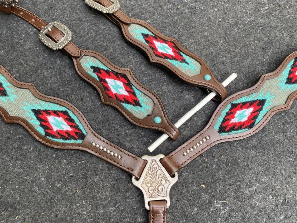 Showman Browband Headstall &amp; Breast collar set with wool southwest blanket inlay #3